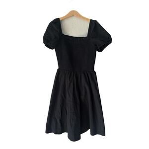 Black Smocked Puff Sleeve Babydoll Dress Cottagecore Cotton M
